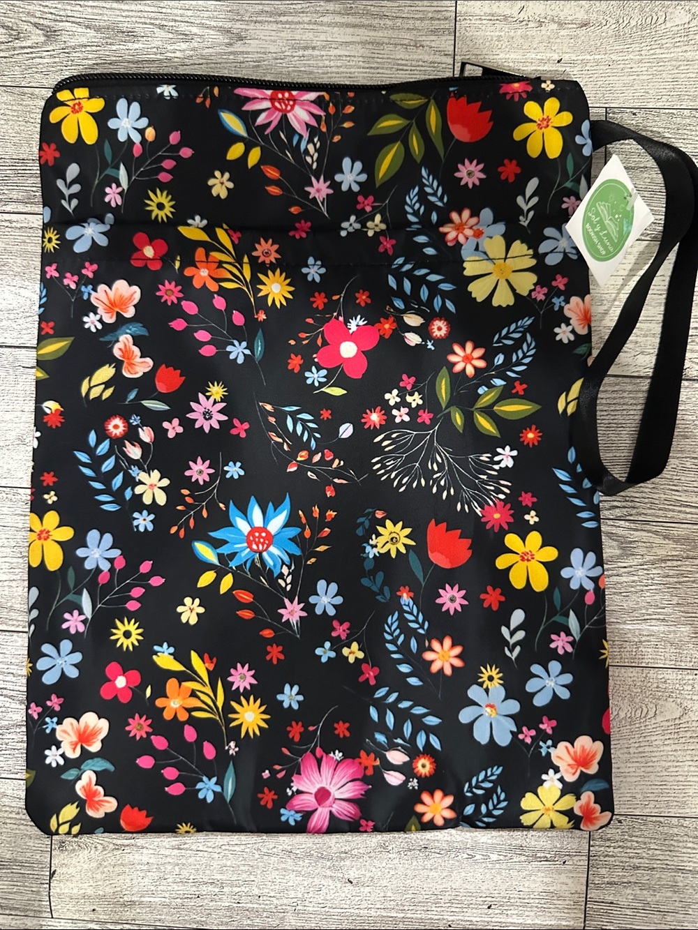Source Unknown Black Floral Tote with Multicolor Flowers